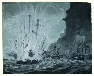 Schip, ontploffend, tijdens de slag bij de Nijl