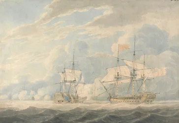 De Nederlandse vice-admiraal onder admiraal De Winter strijkt zijn vlag voor de Engelse vice-admiraal Onslow onder admiraal Duncan bij de Slag bij Camperdown, 11 oktober 1797