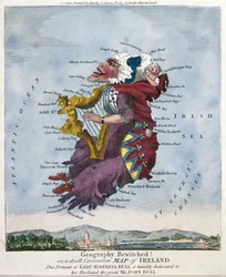 Geografie betoverd! of, een grappige karikatuurkaart van Ierland. Dit portret van Lady Hibernia Bull is nederig opgedragen aan haar echtgenoot de grote Mr John Bull. [ca. 1796]