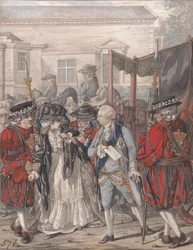Margaret Nicholson probeert Zijne Majesteit George III te vermoorden bij de tuiningang van St. James