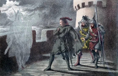 Hamlet ziet de geest van zijn vader op de kantelen van Elsinore Kasteel