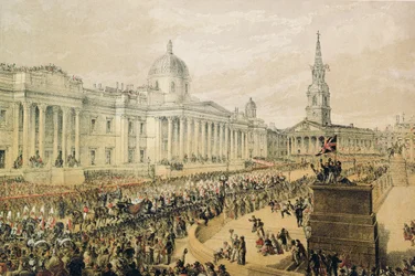 Bruiloftsstoet van Edward Prince of Wales en prinses Alexandra op Trafalgar Square