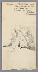Tekening, Uitzicht vanaf een hooggelegen plek kijkend naar de stad (recto); Vrouw die een kruik vasthoudt (verso), 1882