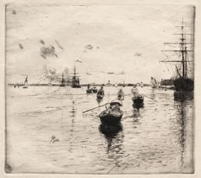 Lagune met stoomschepen en gondels