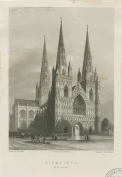 Lichfield Kathedraal - Westgevel (staalgravure, ca. 1835-1842)