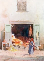 Een winkel in Caïro (kleurenlitho)