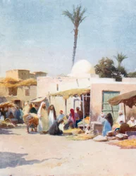 Een hoekje op de markt (kleurenlitho)