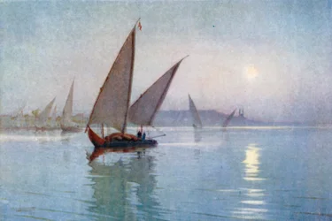 Maanlicht op de Nijl, onder Caïro (kleurenlitho)