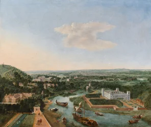 Vooruitzicht van Syon met schuiten op de Theems (olieverf op doek)