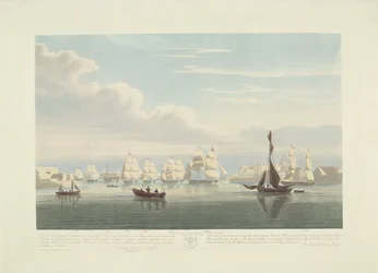 Vertrek van twaalf Nederlandse koopvaardijschepen uit de haven van Portsmouth, 1833 (plaat 1)