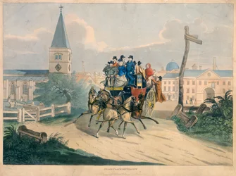 Postkoets vertrekt, begin 19e eeuw