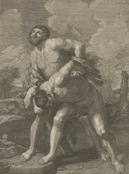 Hercules die een leeuwenhuid draagt en vecht met Achelous, een landschap op de achtergrond, ca. 1713-72
