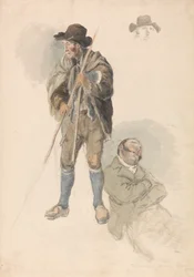 Figurenstudies: een boer, meneer Samuel, de tekenleraar liggend en doezelend, en een schets van een man met een hoed