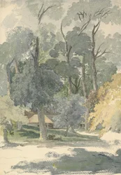 Bomen en schuren in Ashstead Park, Surrey