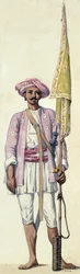 Indiase soldaat (raketman) van het leger van Tipu Sultan, die zijn raket als vlaggenmast gebruikt, Madras