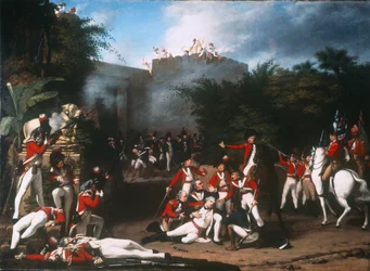 De dood van kolonel Moorehouse bij de bestorming van de Pettah-poort van Bangalore op 7 maart 1791, 1793
