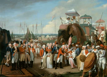 De ontvangst van de Mysorese gijzelingsprinsen door luitenant-generaal Lord Cornwallis (1738-1805) ca. 1793