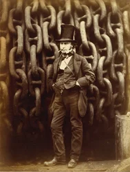 Isambard Kingdom Brunel staand voor de lanceerkettingen van de Great Eastern...gedrukt 1863-64