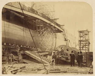 Het stoomschip "The Great Eastern" in aanbouw in de dokken van Millwall