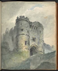 Carisbrooke kasteel, Isle of Wight. Uitzichten op landschap, architectonische antiquiteiten, enz., in en rond Farnham, Southampton, het Isle of Wight, Winchester, enz., in potlood, pen en inkt, aquarellen en krijt, door Sir Robert Ker Porter, in 1797