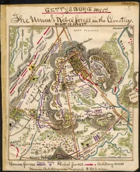 Gettysburg 2 juli De troepen van de Unie en de rebellen op de begraafplaats. LOC gvhs01.vhs00148