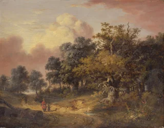 Boslandschap met vrouw en kind wandelend op een weg
