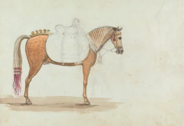 Onafgemaakte schets van een rijkelijk gezadeld paard