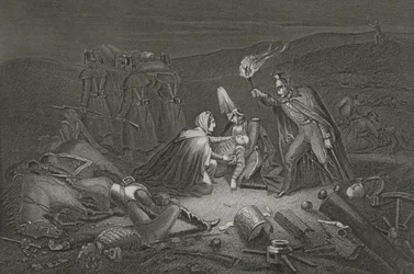 Het slagveld van de Alma, de nacht na de slag, gegraveerd door D.J. Pound
