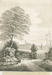 Wolverhampton - Ver uitzicht vanaf Dunstall Lane: sepia wassing tekening, 1837