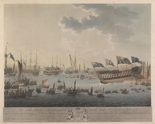 Lanceringsplaat van het schip Hibernia van Zijne Majesteit van 120 kanonnen, Circe & Pallas fregatten van elk 32 kanonnen en het uitdokking van de St George van 98 kanonnen na een volledige reparatie op 17 november