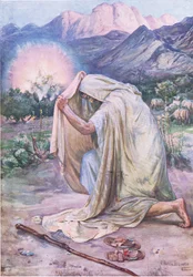 De brandende braamstruik, uit The Bible Picture Book, uitgegeven door Thomas Nelson, ca. 1950