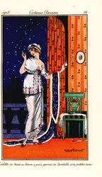 Vrouw in avondjurk van polka-dot linnen versierd met kant en rozen. Toilette de nuit en linon a pois garnie de dentelle et de petites roses. Handgekleurde pochoir ets naar een illustratie van Robert Pichenot uit Tommaso Antongini