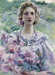 Vrouw met bloemen. Schilderij van Robert Reid (1862-1929). Olieverf op doek. Privécollectie.