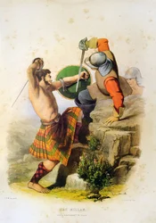 Schotse krijger Mac Millan vecht in kilt en blootsvoets met het zwaard - Litho van Robert Ronald McIan uit "The Clans of The Scottish Highlands" 1845