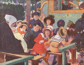 Een Punch and Judy show onderbroken door een huilende baby (kleurenlitho)