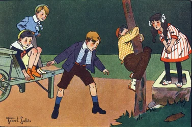 Een kat op een stok. Gravure in "Wat spelen we?" door E. Weber met aquareltekeningen van Robert Salles (1871-1929). Librairie Garnier Freres, Parijs