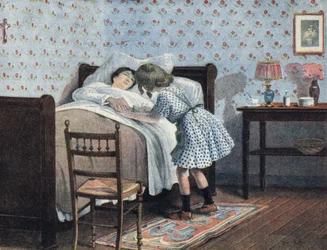 Een klein meisje aan het bed van haar zieke moeder wacht op haar oorlog. Illustratie door Robert Salles (1871-1929) in 
