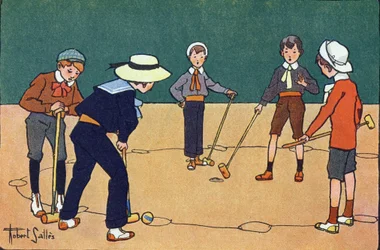 Bal per uur (behendigheidsspel met ballen en hamers). Gravure in "Waar spelen we mee?" door E. Weber met aquareltekeningen van Robert Salles (1871-1929). Librairie Garnier Frères, Parijs