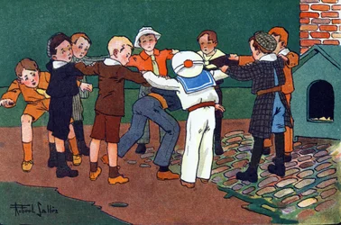 Kat en muis. Gravure in "Waar spelen we mee?" door E. Weber met aquareltekeningen van Robert Salles (1871-1929). Librairie Garnier Frères, Parijs