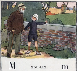 Kinderboek “Ik zal lezen - Methodisch en leuk alfabet door een vader” 1926. Illustratie door Robert Salles (1871-1929). Abecedarium: letter M als Molen. Een jongen loopt met zijn grootvader. Hij wijst naar een windmolen