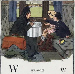 Kinderboek “Ik zal lezen - Methodisch en leuk alfabet door een vader” 1926. Illustratie door Robert Salles (1871-1929). Abecedarium: letter W als Wagon. Twee kinderen reizen met hun moeder in een treincoupé