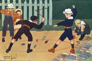 De tol (topspel om te zwepen). Gravure in "Waar spelen we?" door E. Weber met aquareltekeningen door Robert Salles (1871-1929). Librairie Garnier Frères, Parijs