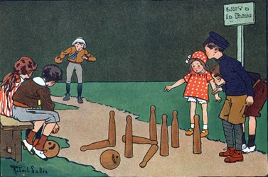 De bowlingbaan. Gravure in "Waar spelen we?" door E. Weber met aquareltekeningen door Robert Salles (1871-1929). Librairie Garnier Frères, Parijs