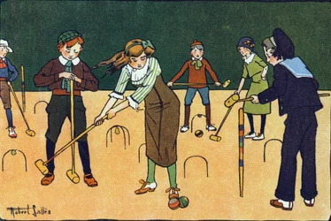 Het croquet. Gravure in "Waar spelen we mee?" door E. Weber met aquareltekeningen van Robert Salles (1871-1929). Librairie Garnier Freres, Parijs