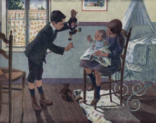 De opvoeding van het kleine broertje: in een kamer zit een baby op de schoot van zijn grote zus en kijkt naar de pop die zijn broer wakker maakt. Illustratie door Robert Salles (1871-1929) in “Ik kan lezen”