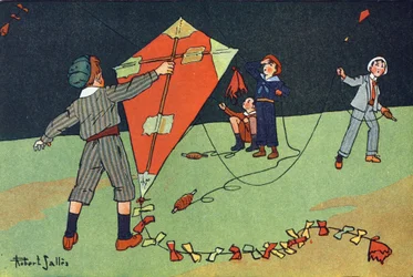 De vlieger. Gravure in "Wat spelen we?" door E. Weber met aquareltekeningen van Robert Salles (1871-1929). Librairie Garnier Freres, Parijs