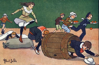 De hindernisrace. Gravure in "Waar spelen we mee?" door E. Weber met aquareltekeningen van Robert Salles (1871-1929). Librairie Garnier Frères, Parijs