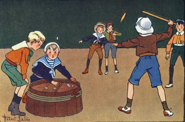 De osselets en de quinet. Gravure in "Wat spelen we?" door E. Weber met aquareltekeningen van Robert Salles (1871-1929). Librairie Garnier Freres, Parijs