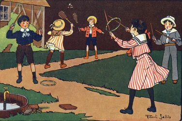 Het stuurwiel en de gratiën. Gravure in "Waar spelen we mee?" door E. Weber met aquareltekeningen van Robert Salles (1871-1929). Librairie Garnier Frères, Parijs