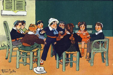 Naar de fret. Gravure in "Waar spelen we?" door E. Weber met aquareltekeningen door Robert Salles (1871-1929). Librairie Garnier Frères, Parijs
